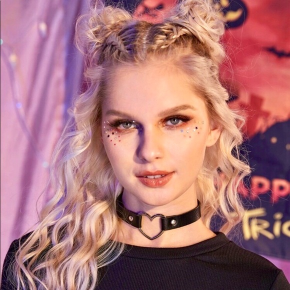 Goth Chrome Heart Choker / Wrapped Layer Bracelet w Black Adjustable Strap NIBag - Picture 7 of 14